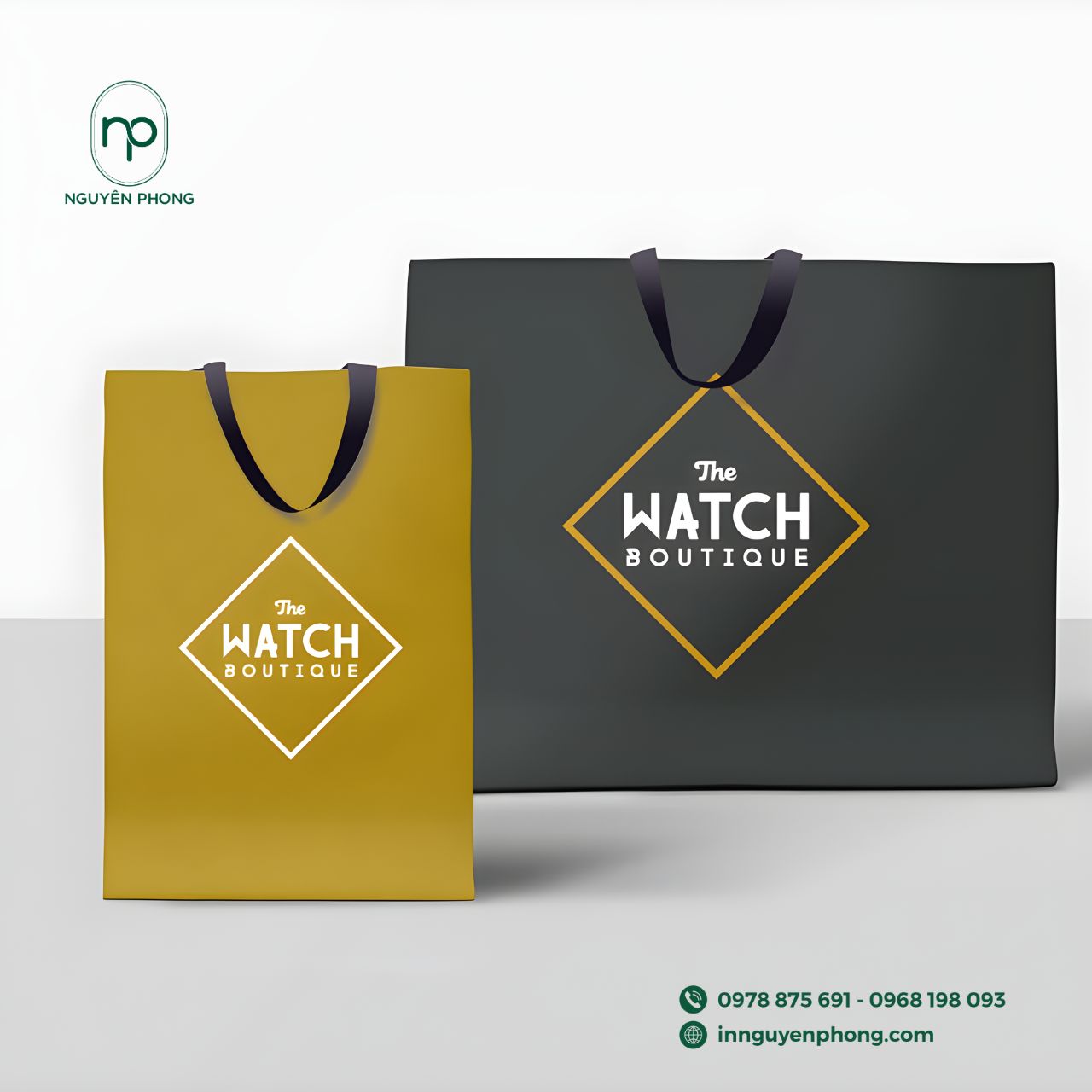 Mẫu túi giấy quai lụa đựng đồng hồ cao cấp